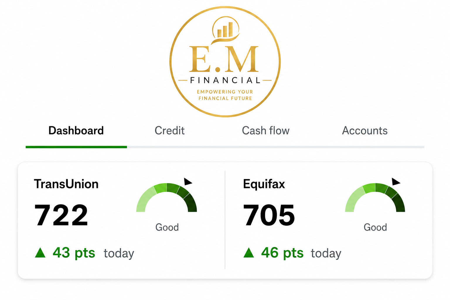 EM Financial client credit dashboard showing scores rising over time