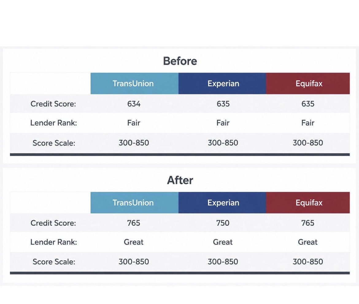 Client credit report comparison showing scores before and after
